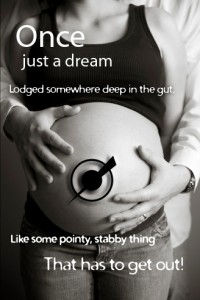 Electremedia promotional image of giving birth to a dream. A pregnant woman with our logo superimposed on her belly button, with husband's hands touching belly from behind.