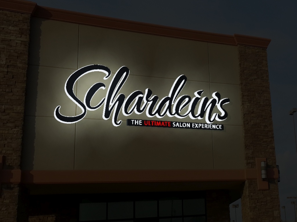A 3D rendering of the new salon sign at night.
