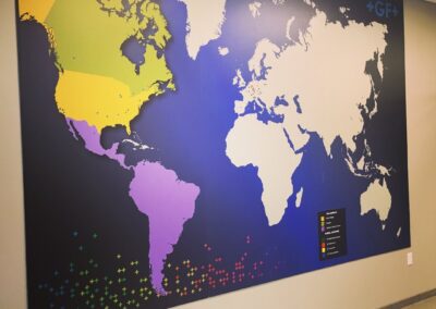 Picture of a global map with illuminated hot spots.