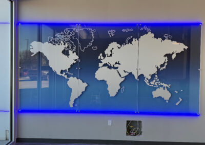 An illuminated acrylic wall display.