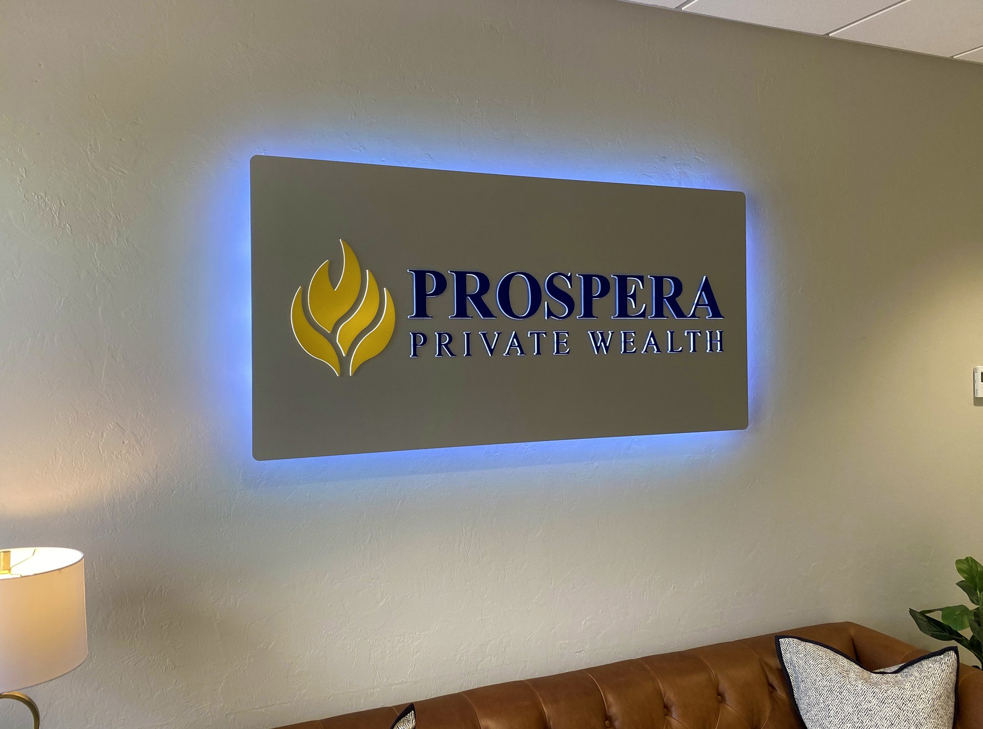 Another angle of a halo illuminated lobby sign we made for Prospera.