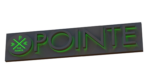 A rendering of a backlit sign with a green halo color.