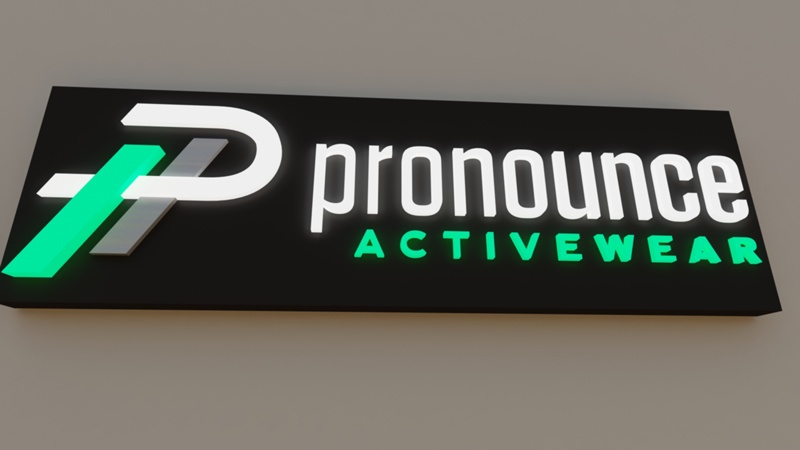 3d rendering for Pronounce Activewear sign.